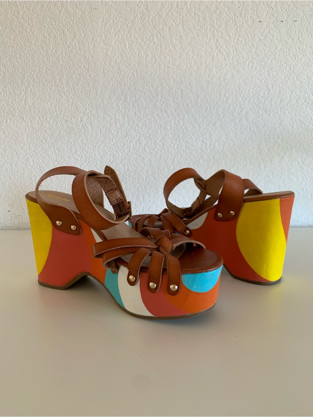 Mossimo Supply Co. Brown Leather Wedge Sandals with Colorful Painted Waves - Picture 5 of 7